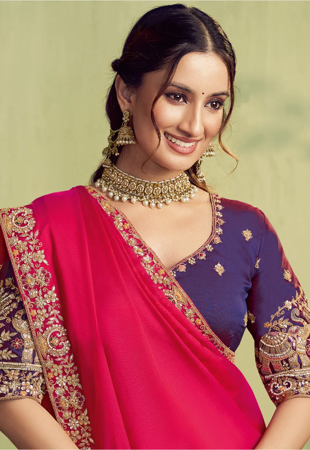 Embroidered Border Satin Saree in Fuchsia