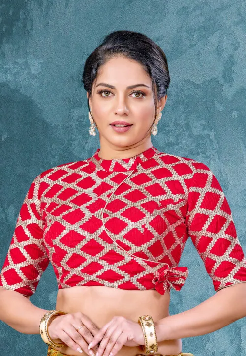 Gota Embellished Art Silk Blouse in Red