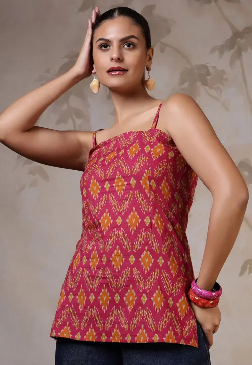 Ikat Printed Pure Cotton Kurti in Pink